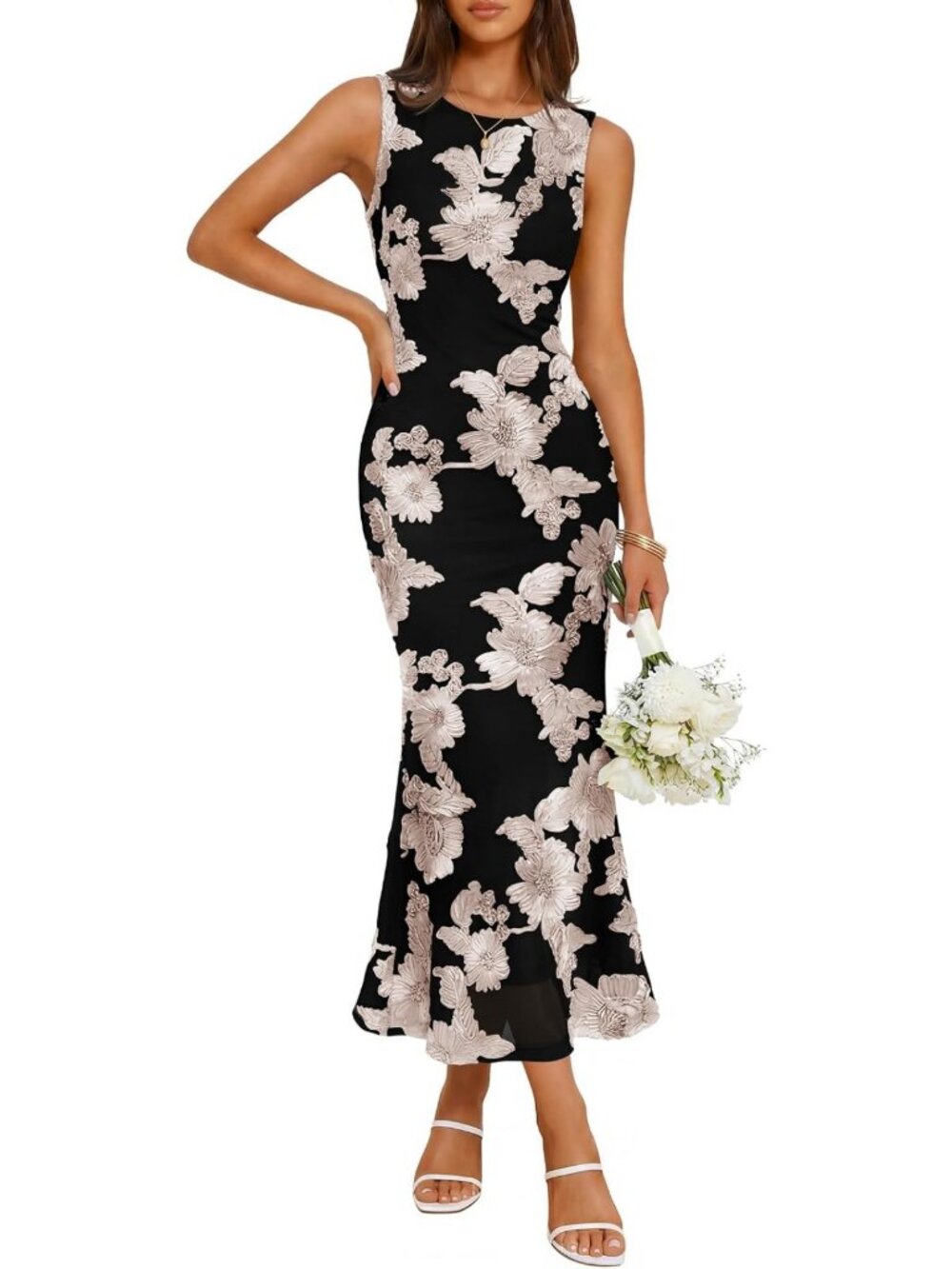 Floral Mesh Slit Bodycon Midi Dress for Wedding Guests & Cocktail Parties